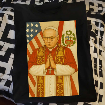 Religious Figure Praying, US And Peruvian Flags