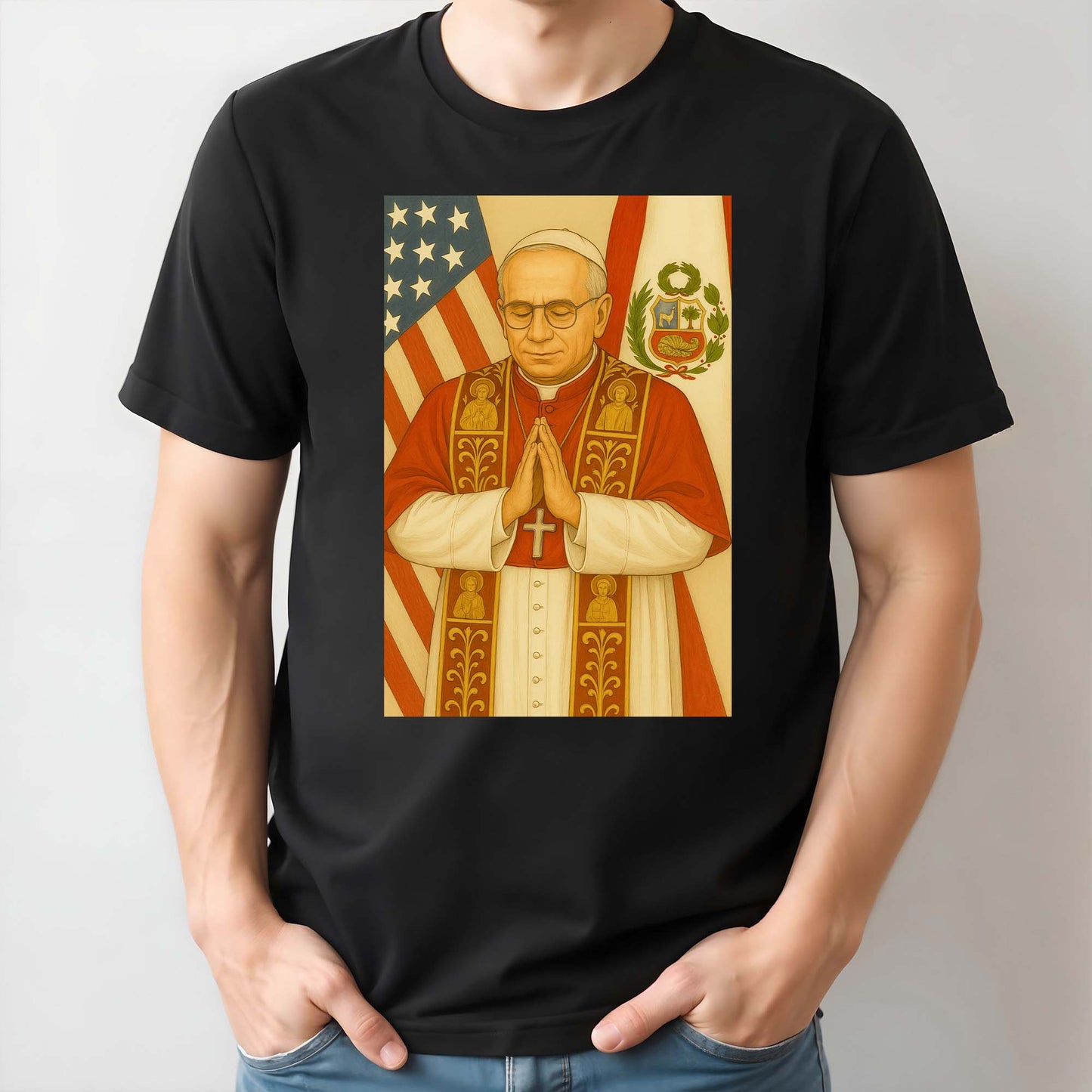 Religious Figure Praying, US And Peruvian Flags