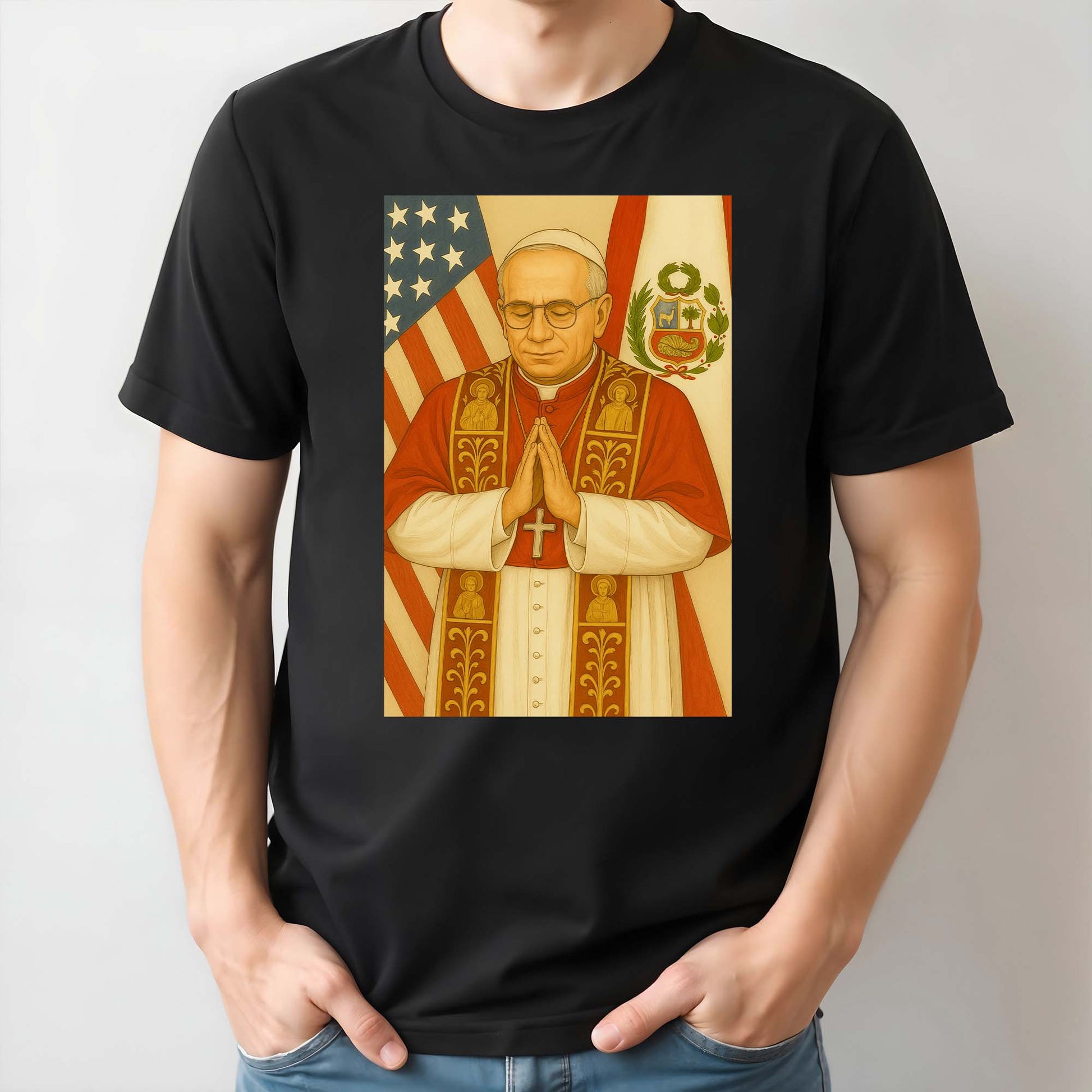 Religious Figure Praying, US And Peruvian Flags