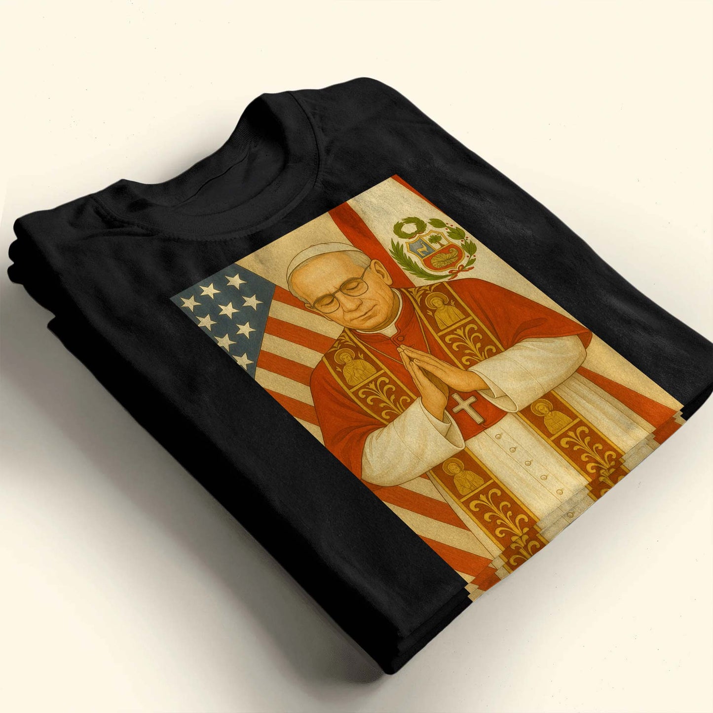 Religious Figure Praying, US And Peruvian Flags