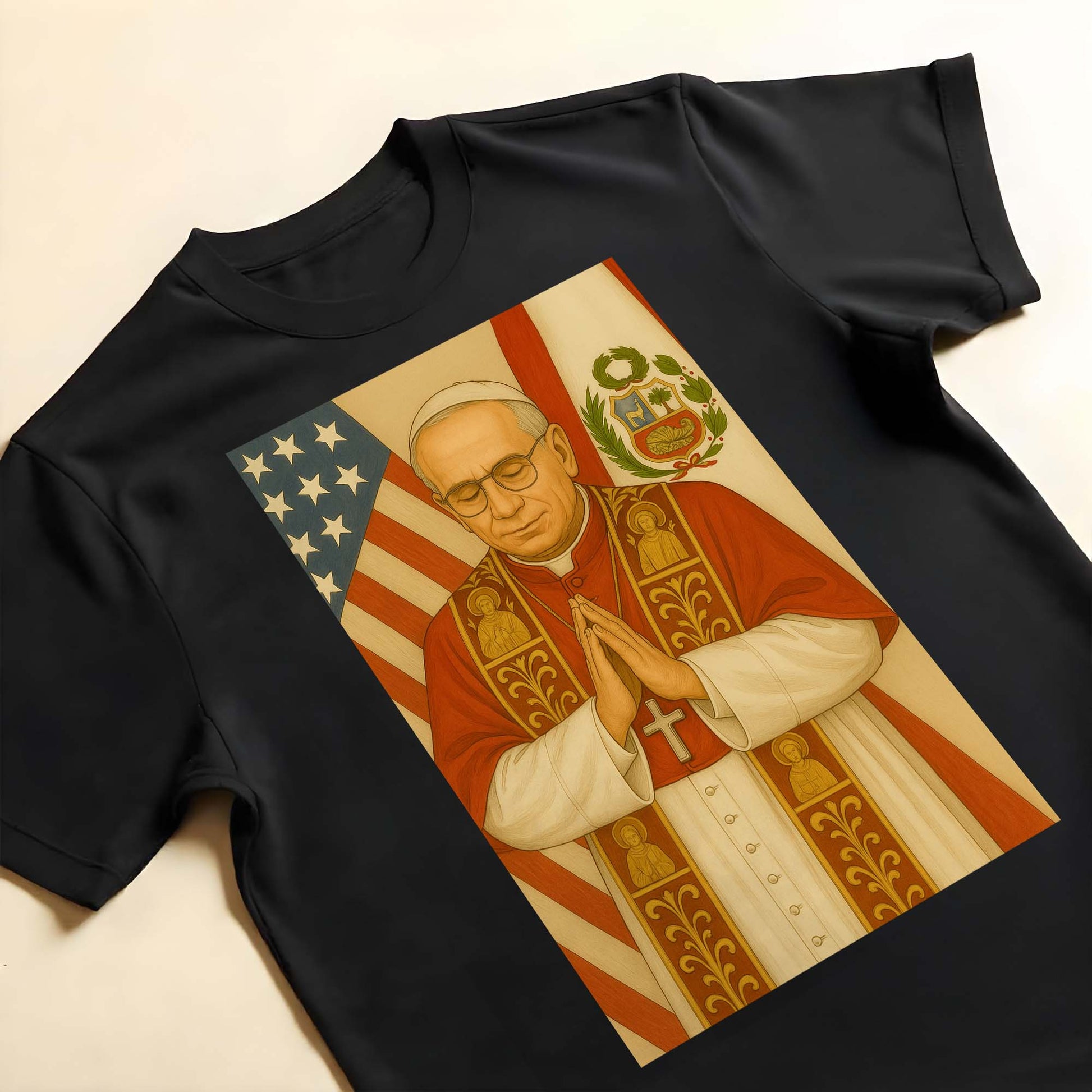 Religious Figure Praying, US And Peruvian Flags