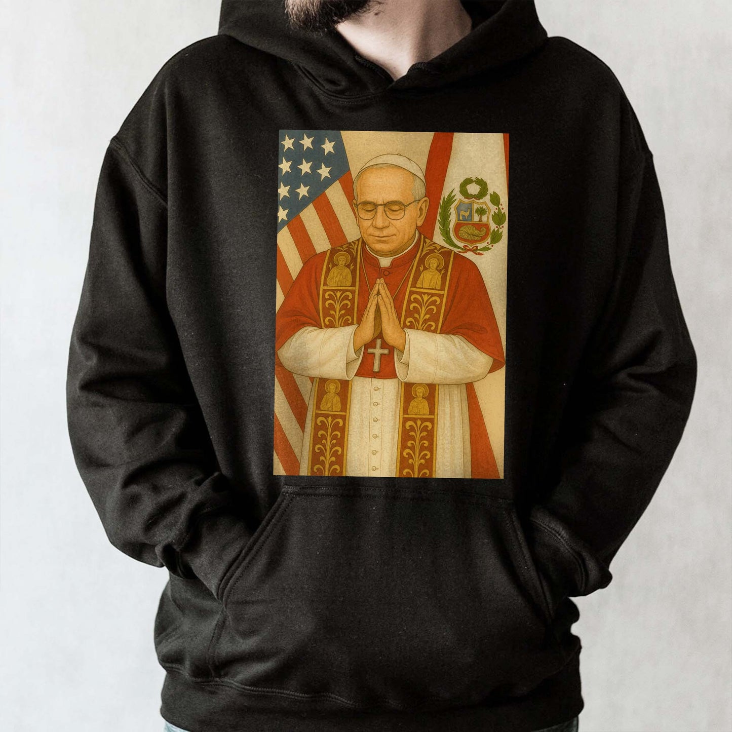 Religious Figure Praying, US And Peruvian Flags