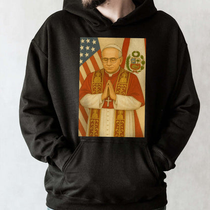 Religious Figure Praying, US And Peruvian Flags