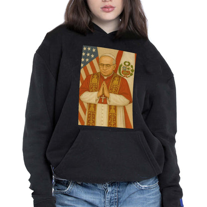 Religious Figure Praying, US And Peruvian Flags