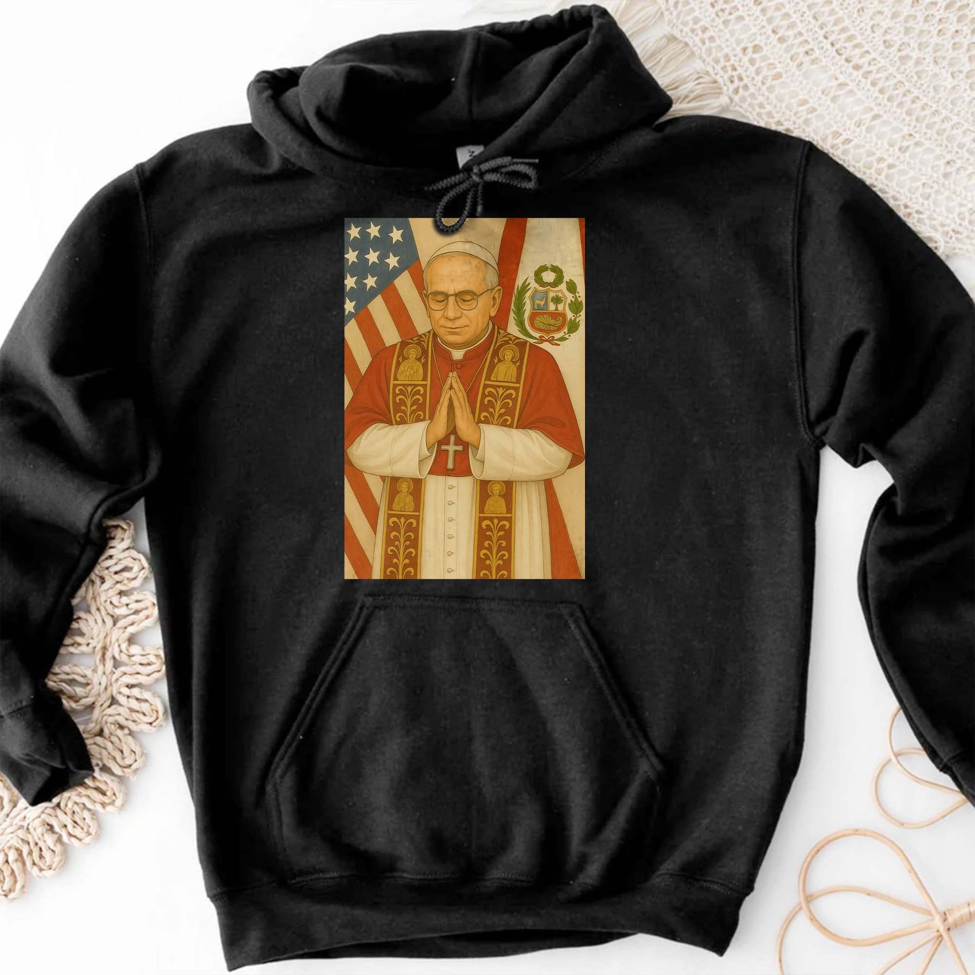 Religious Figure Praying, US And Peruvian Flags