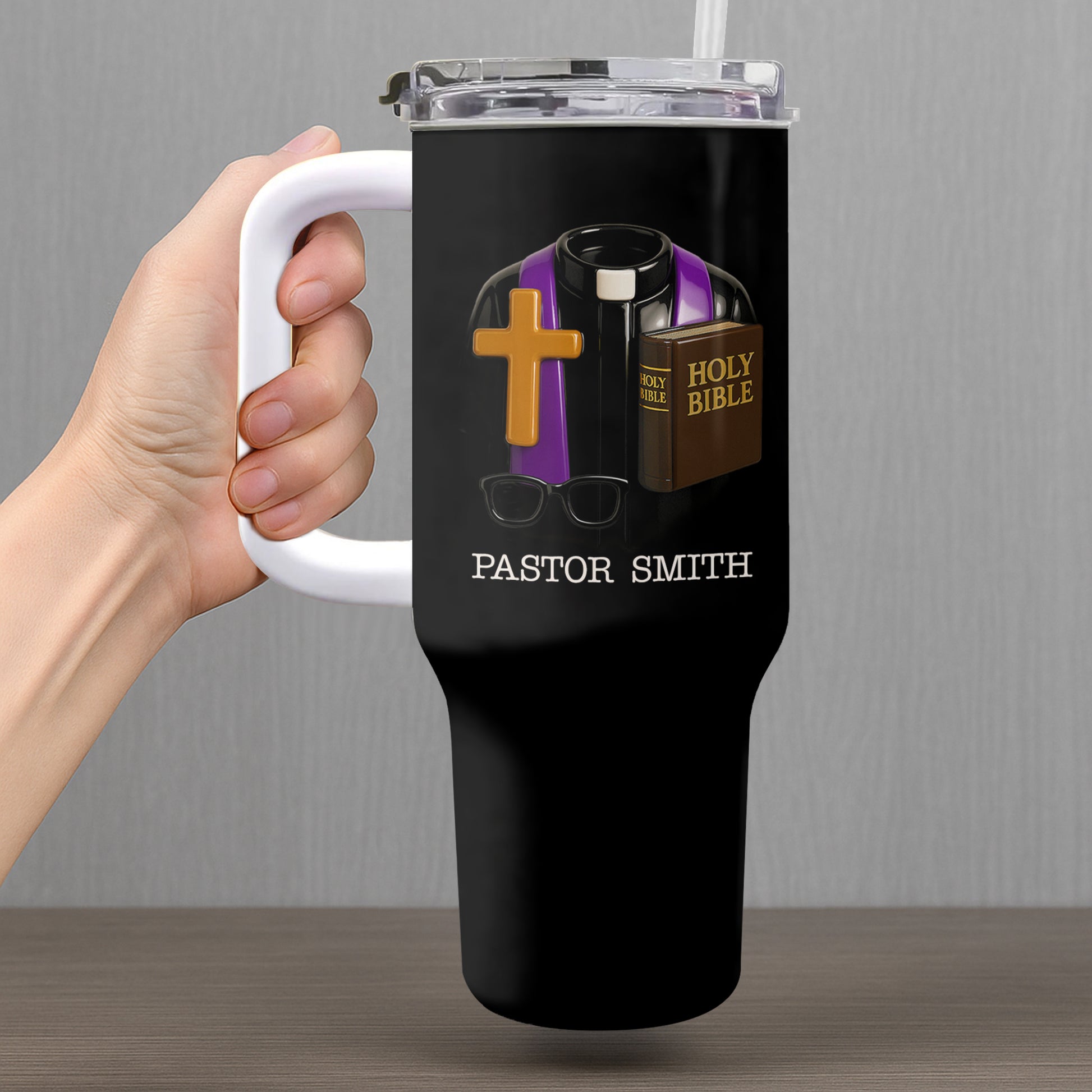 Best Wishes To Our Beloved Pastor, Cross, Bible, Glasses