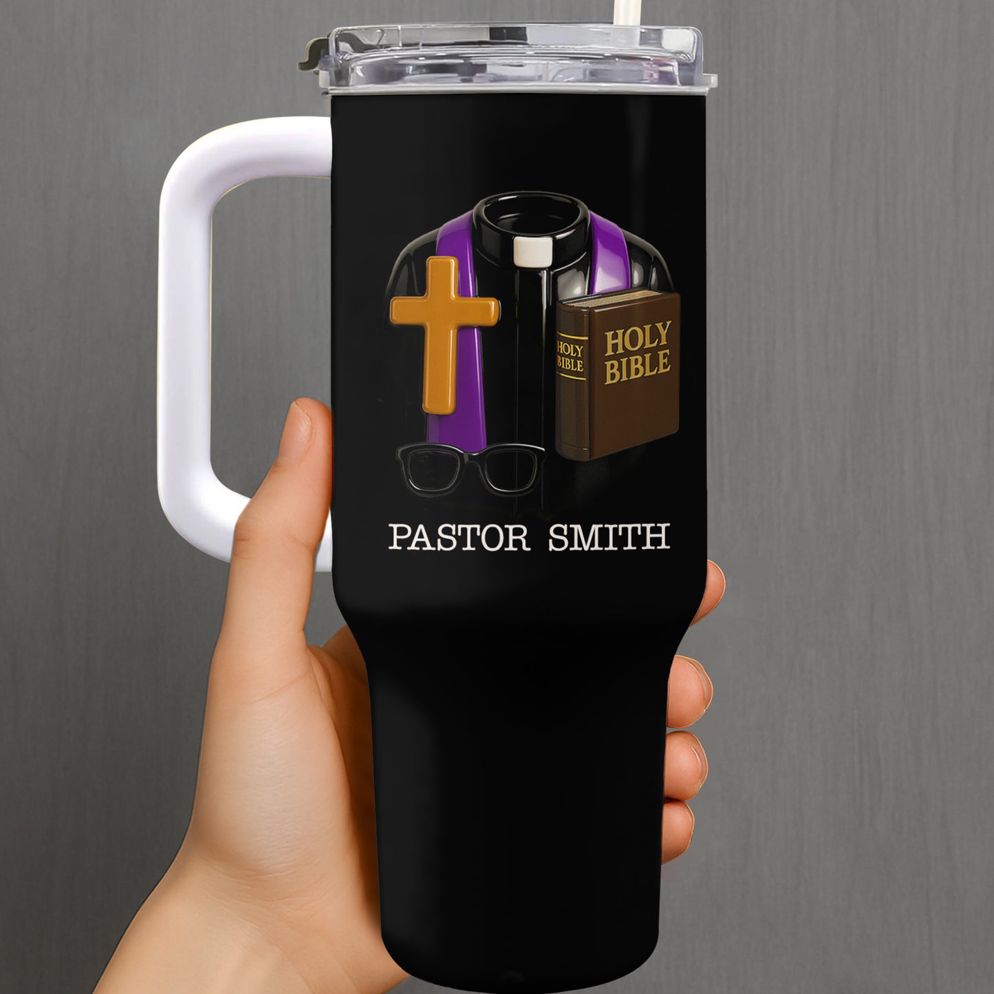 Best Wishes To Our Beloved Pastor, Cross, Bible, Glasses