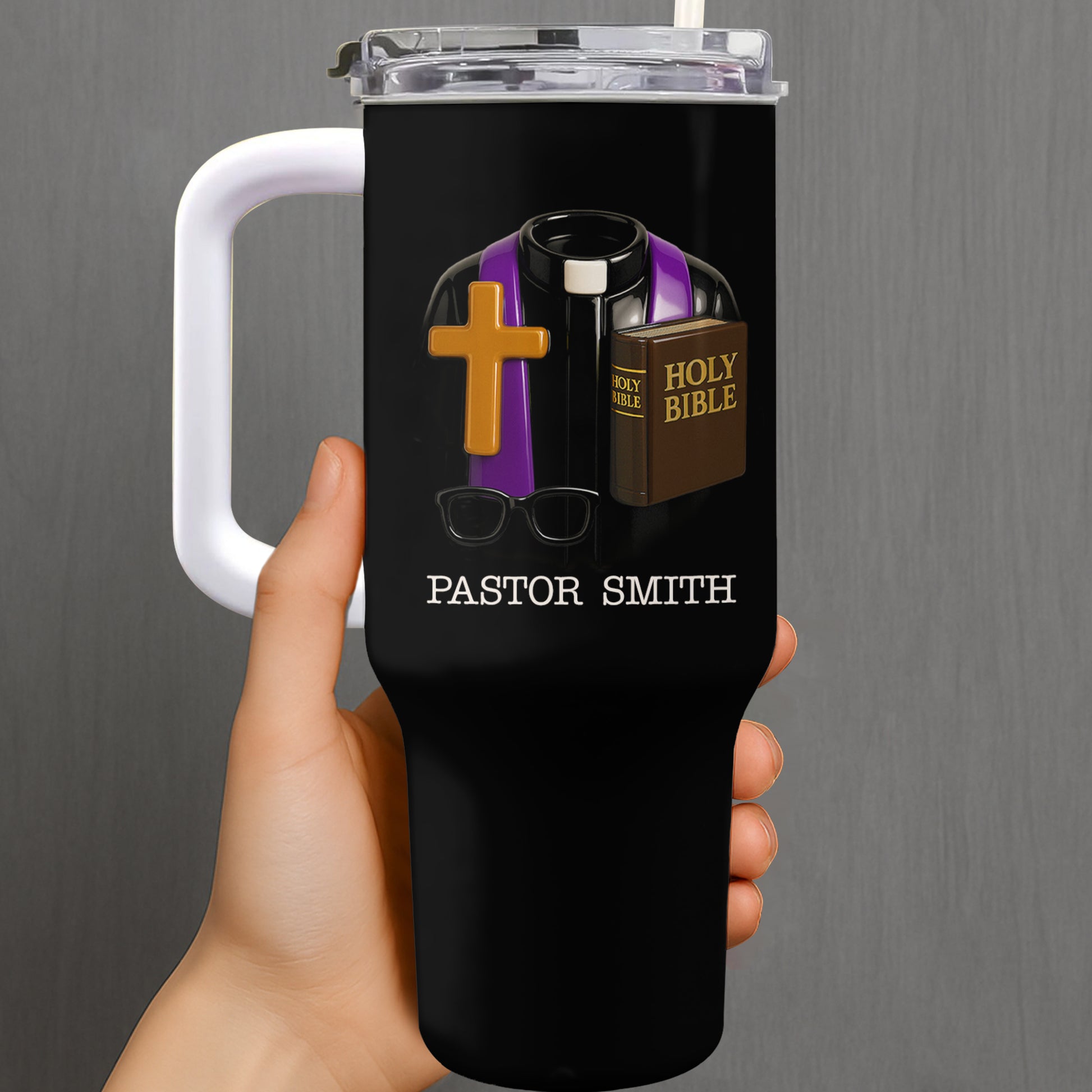 Best Wishes To Our Beloved Pastor, Cross, Bible, Glasses