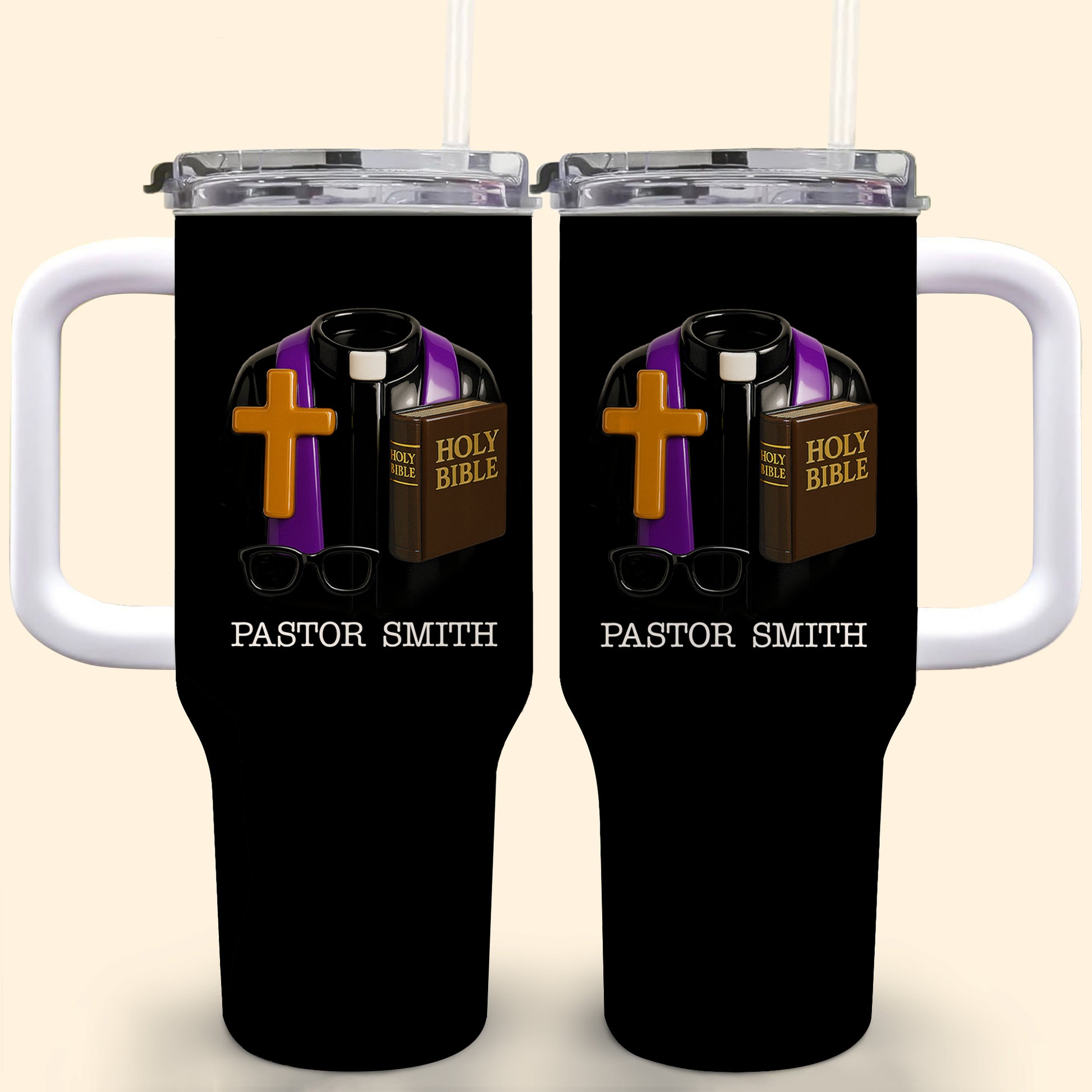 Best Wishes To Our Beloved Pastor, Cross, Bible, Glasses