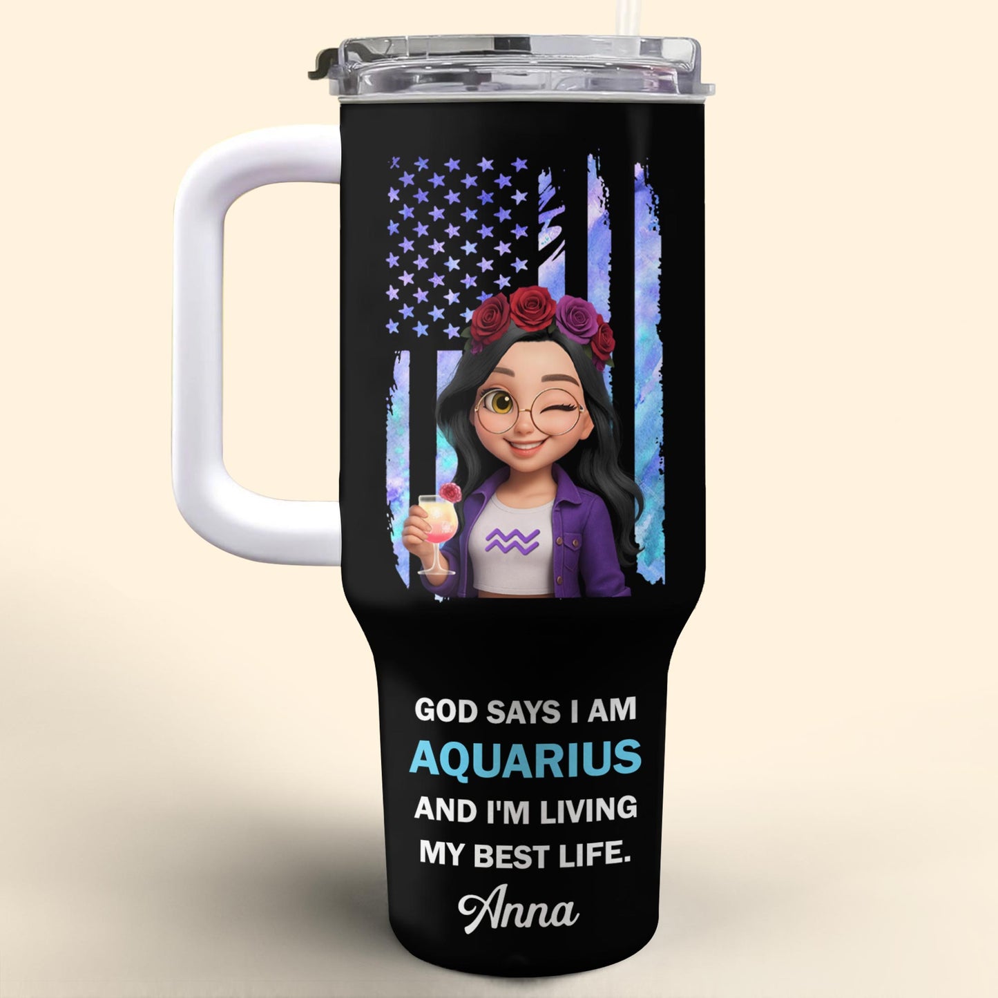 God Says I Am Aquarius And I'm Living My Best Life, American Flag And Flowers