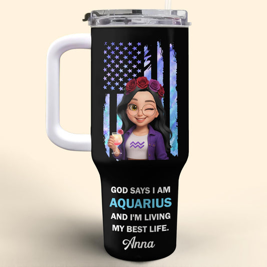 God Says I Am Aquarius And I'm Living My Best Life, American Flag And Flowers