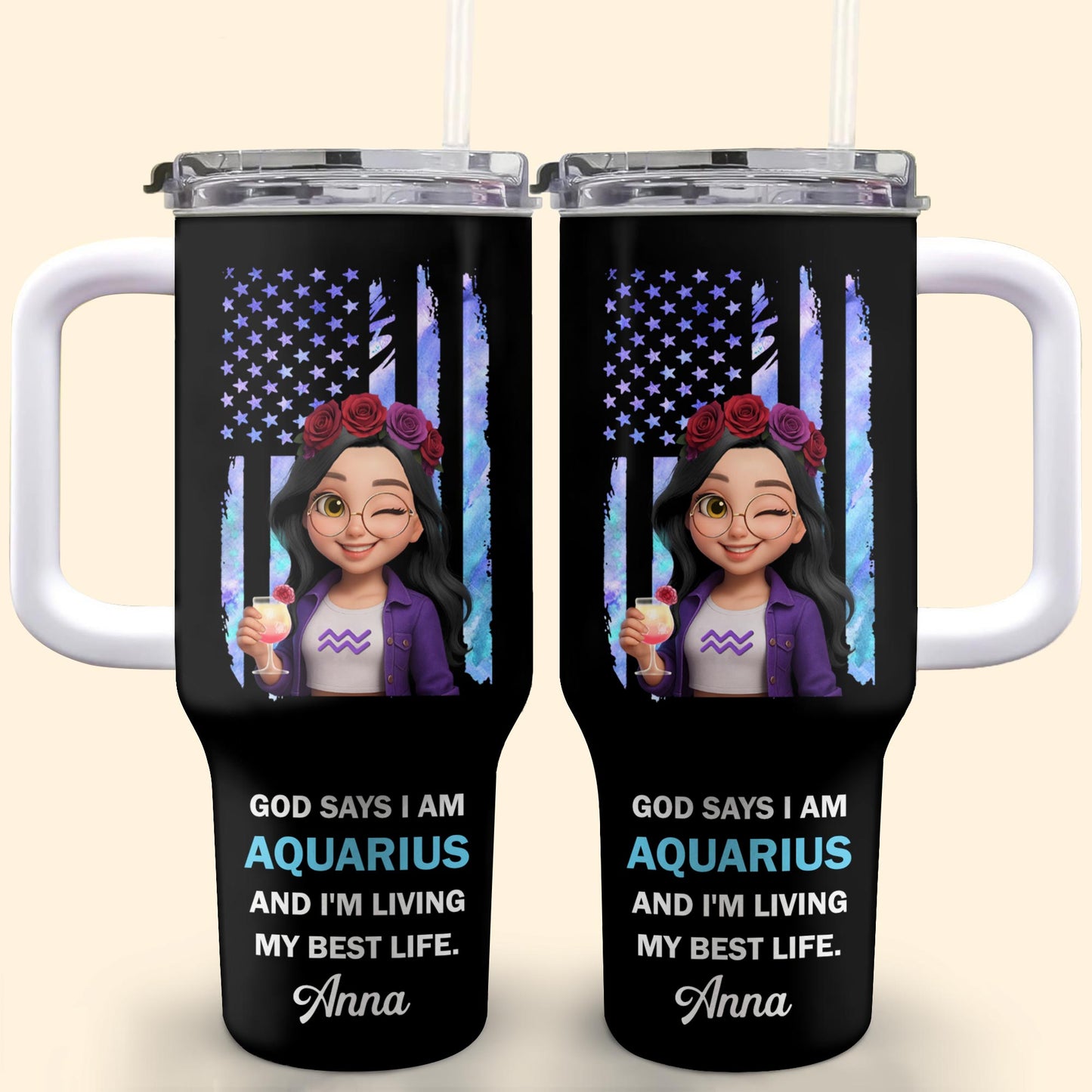 God Says I Am Aquarius And I'm Living My Best Life, American Flag And Flowers