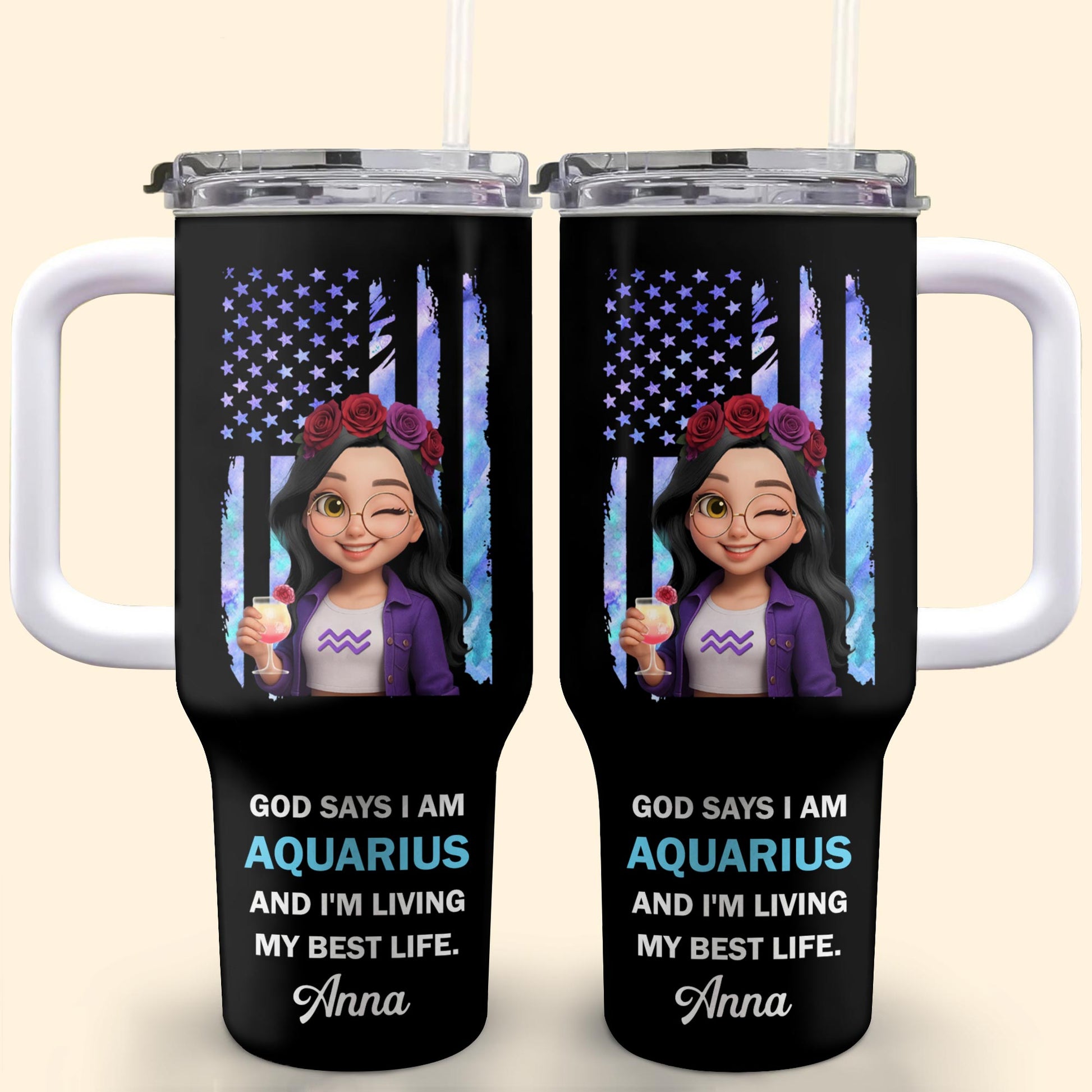 God Says I Am Aquarius And I'm Living My Best Life, American Flag And Flowers