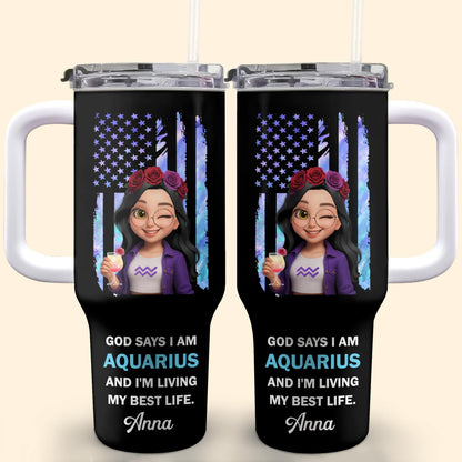 God Says I Am Aquarius And I'm Living My Best Life, American Flag And Flowers