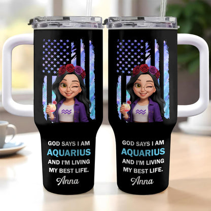 God Says I Am Aquarius And I'm Living My Best Life, American Flag And Flowers
