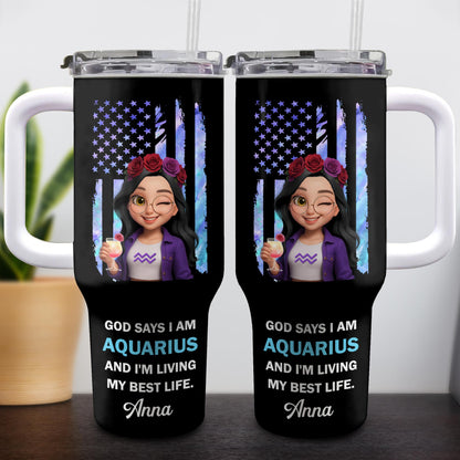 God Says I Am Aquarius And I'm Living My Best Life, American Flag And Flowers