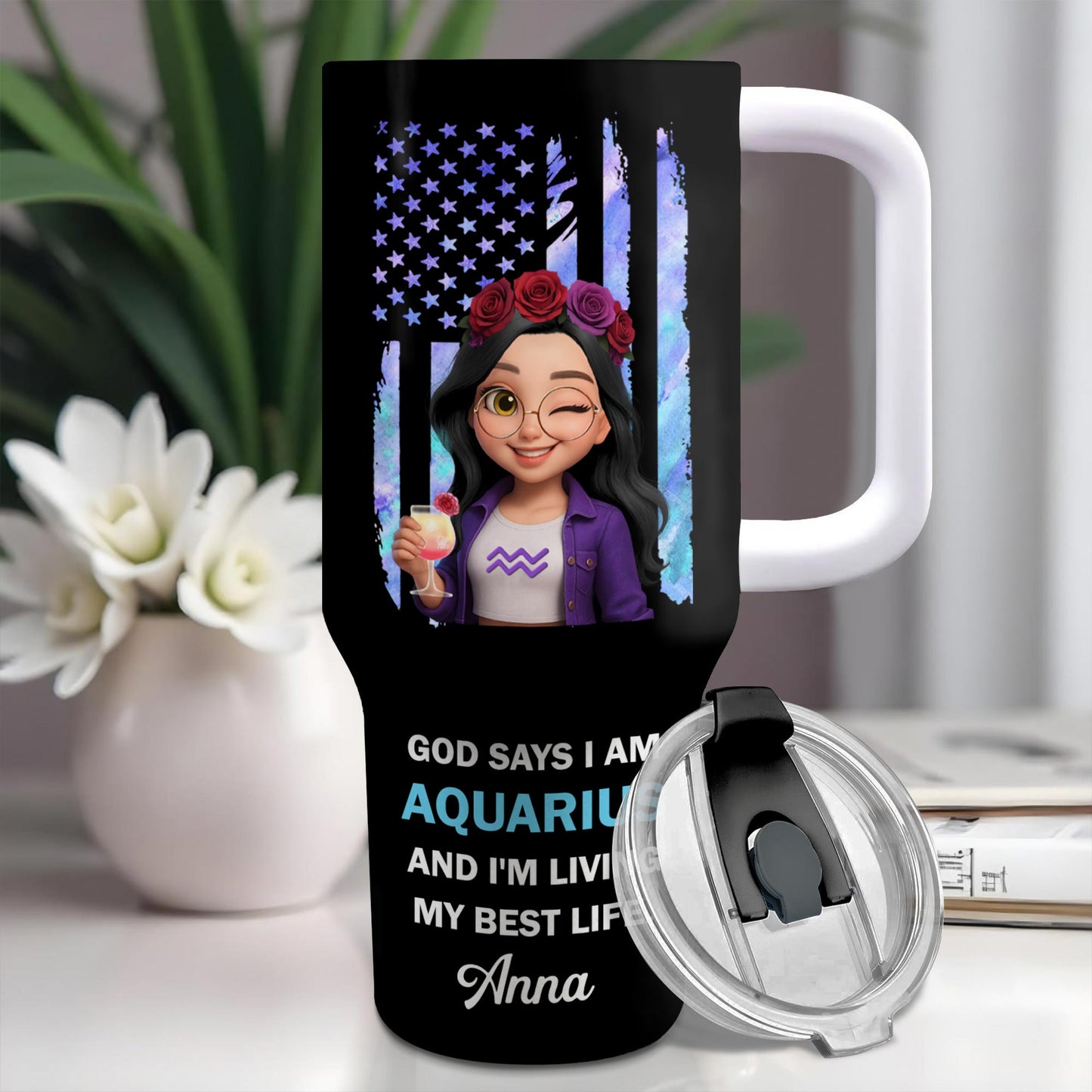 God Says I Am Aquarius And I'm Living My Best Life, American Flag And Flowers