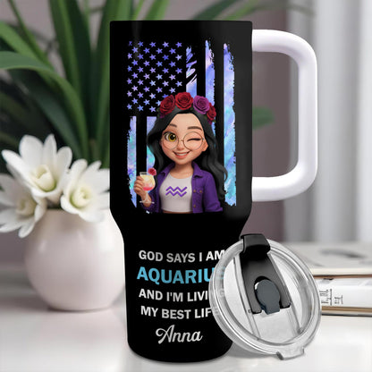 God Says I Am Aquarius And I'm Living My Best Life, American Flag And Flowers