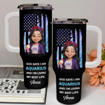 God Says I Am Aquarius And I'm Living My Best Life, American Flag And Flowers