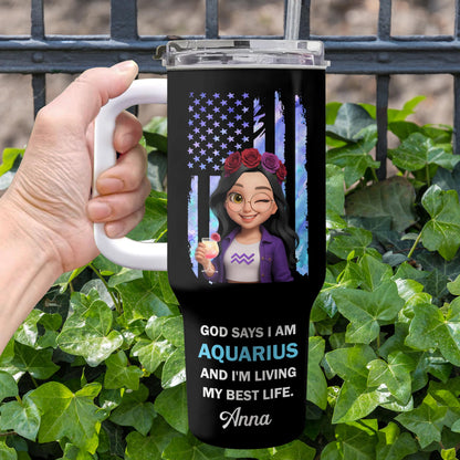God Says I Am Aquarius And I'm Living My Best Life, American Flag And Flowers