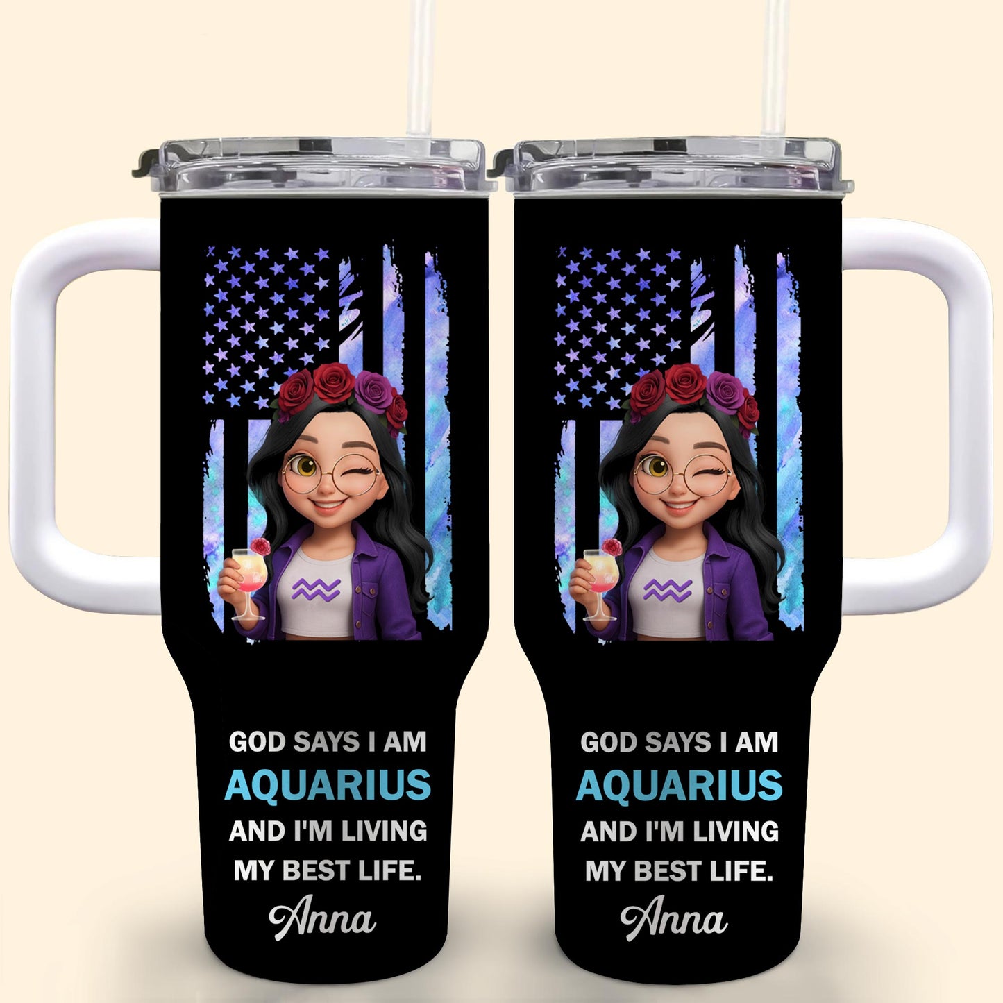 God Says I Am Aquarius And I'm Living My Best Life, American Flag And Flowers