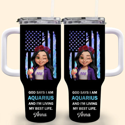 God Says I Am Aquarius And I'm Living My Best Life, American Flag And Flowers