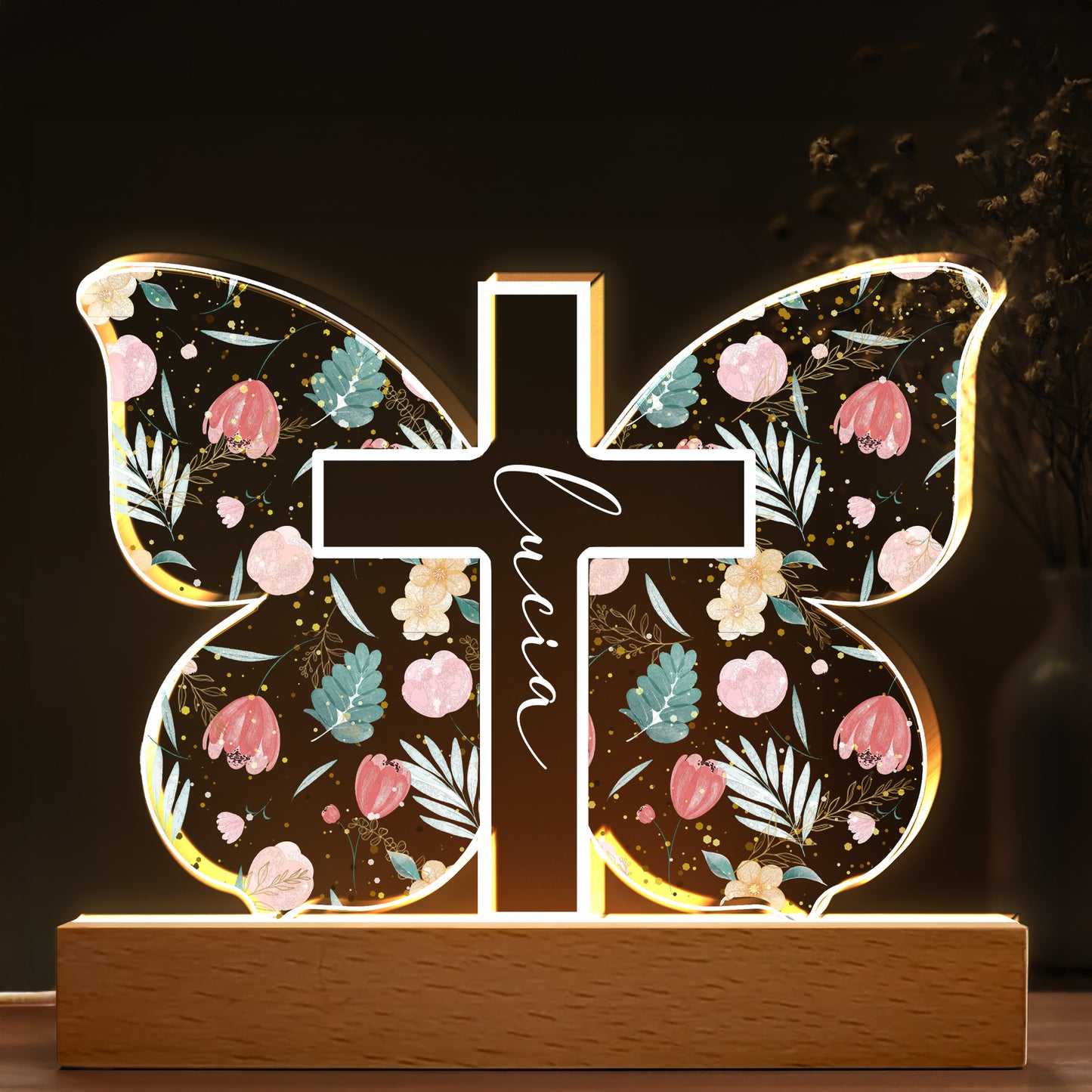 Diseño de cruz con elementos florales y botánicos - Luz nocturna LED personalizada con base de madera - FTH058_LEWO
