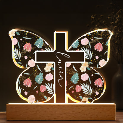 Diseño de cruz con elementos florales y botánicos - Luz nocturna LED personalizada con base de madera - FTH058_LEWO
