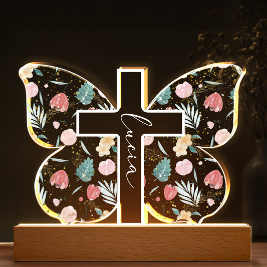 Floral and Botanical Elements Cross Design - Personalized LED Night Light With Wooden Base - FTH058_LEWO