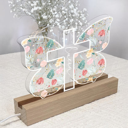 Diseño de cruz con elementos florales y botánicos - Luz nocturna LED personalizada con base de madera - FTH058_LEWO