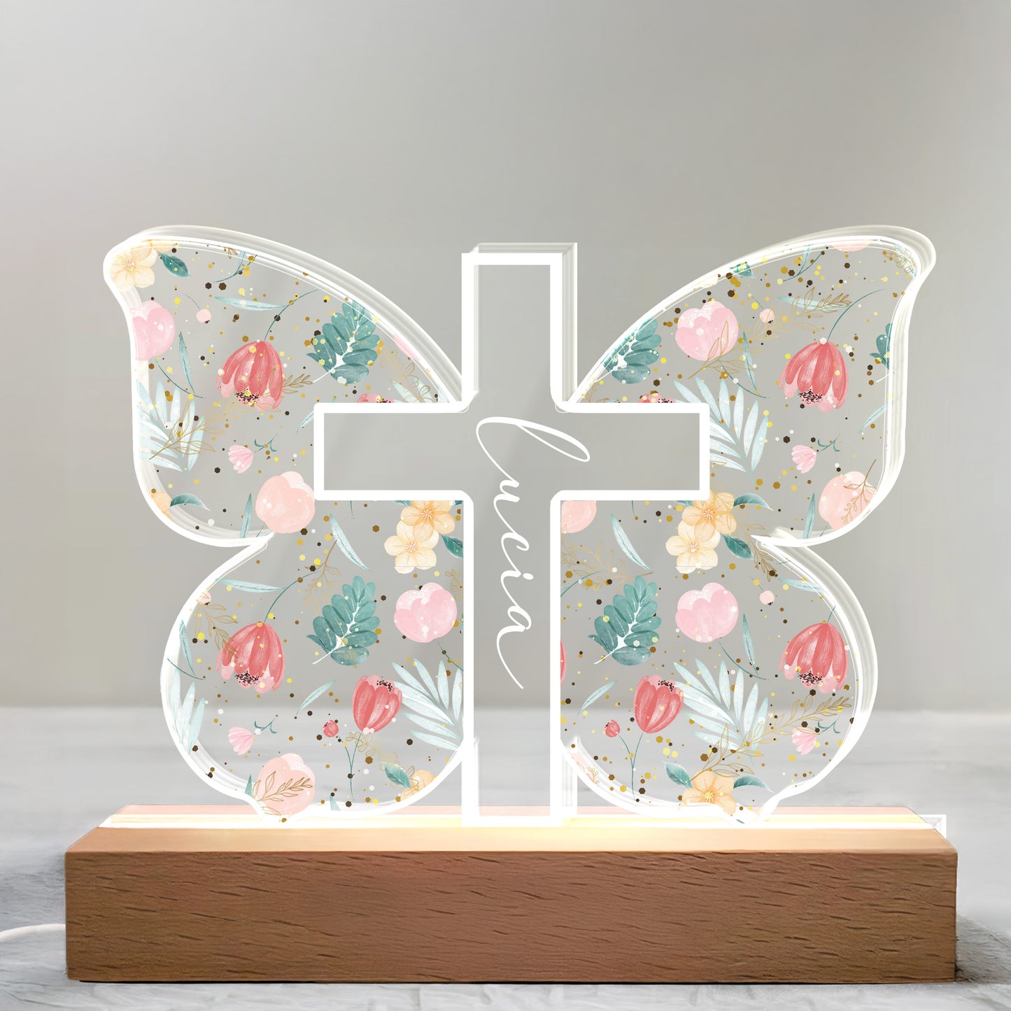 Diseño de cruz con elementos florales y botánicos - Luz nocturna LED personalizada con base de madera - FTH058_LEWO