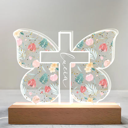 Diseño de cruz con elementos florales y botánicos - Luz nocturna LED personalizada con base de madera - FTH058_LEWO