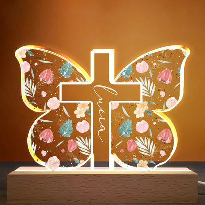 Diseño de cruz con elementos florales y botánicos - Luz nocturna LED personalizada con base de madera - FTH058_LEWO