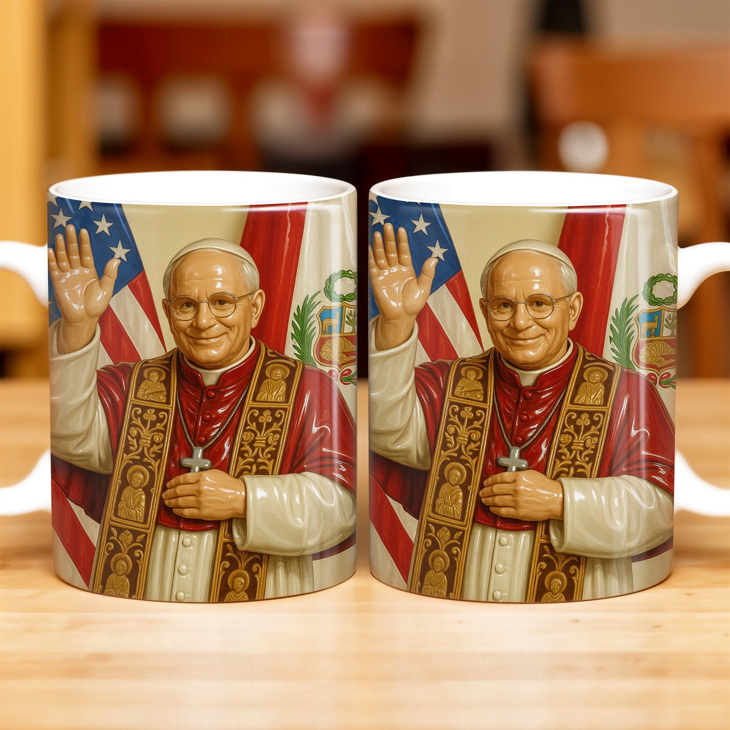 Personalized Coffee Mug With Religious Iconography And Flags