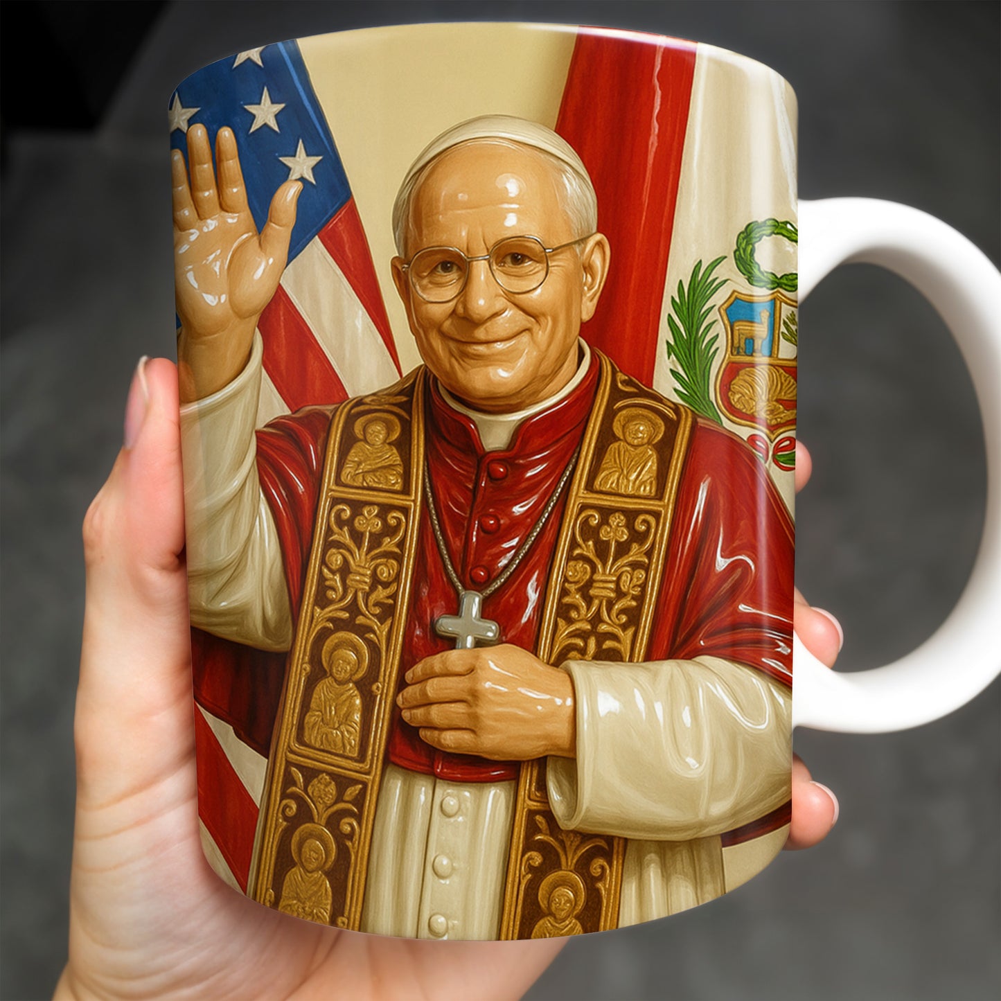 Personalized Coffee Mug With Religious Iconography And Flags