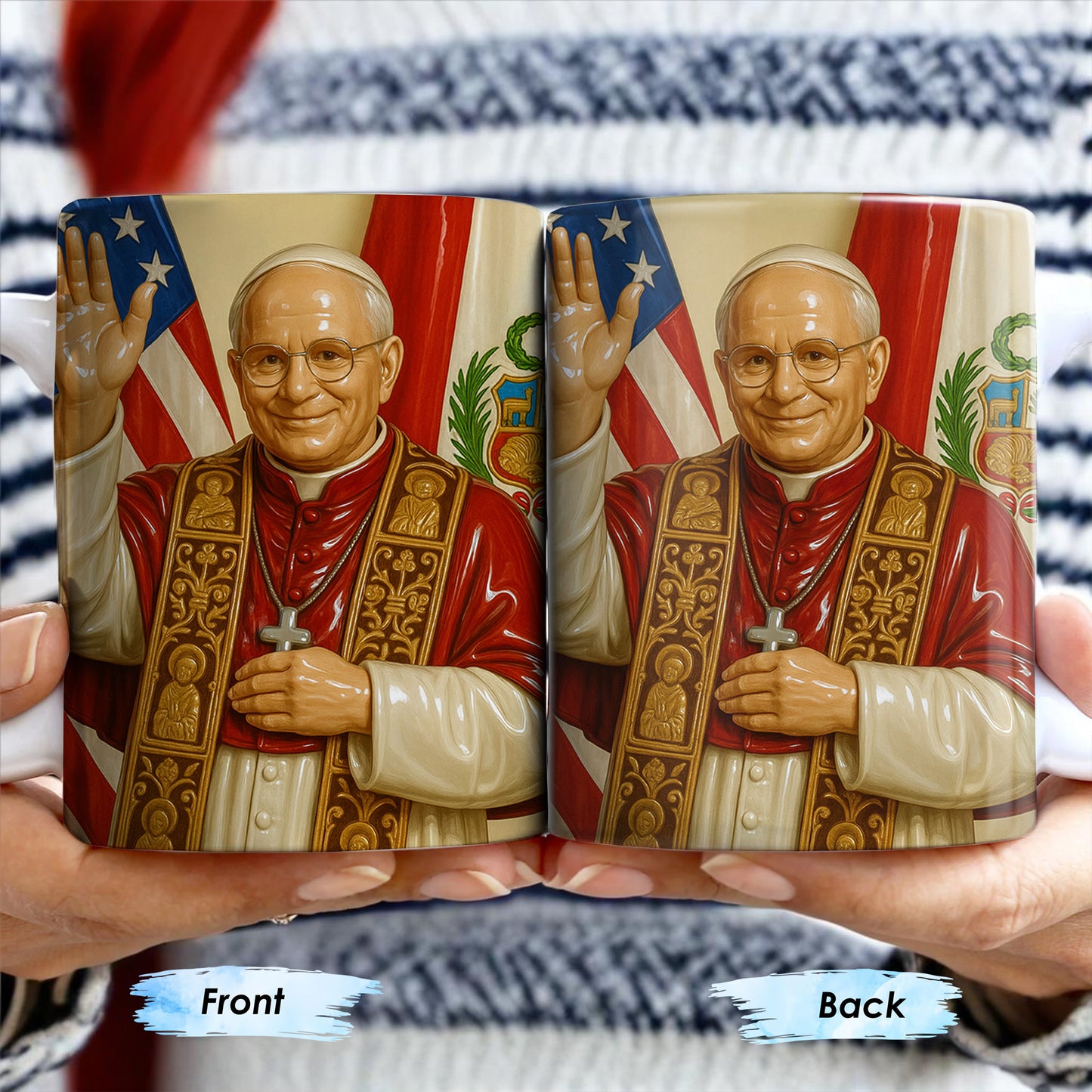 Personalized Coffee Mug With Religious Iconography And Flags