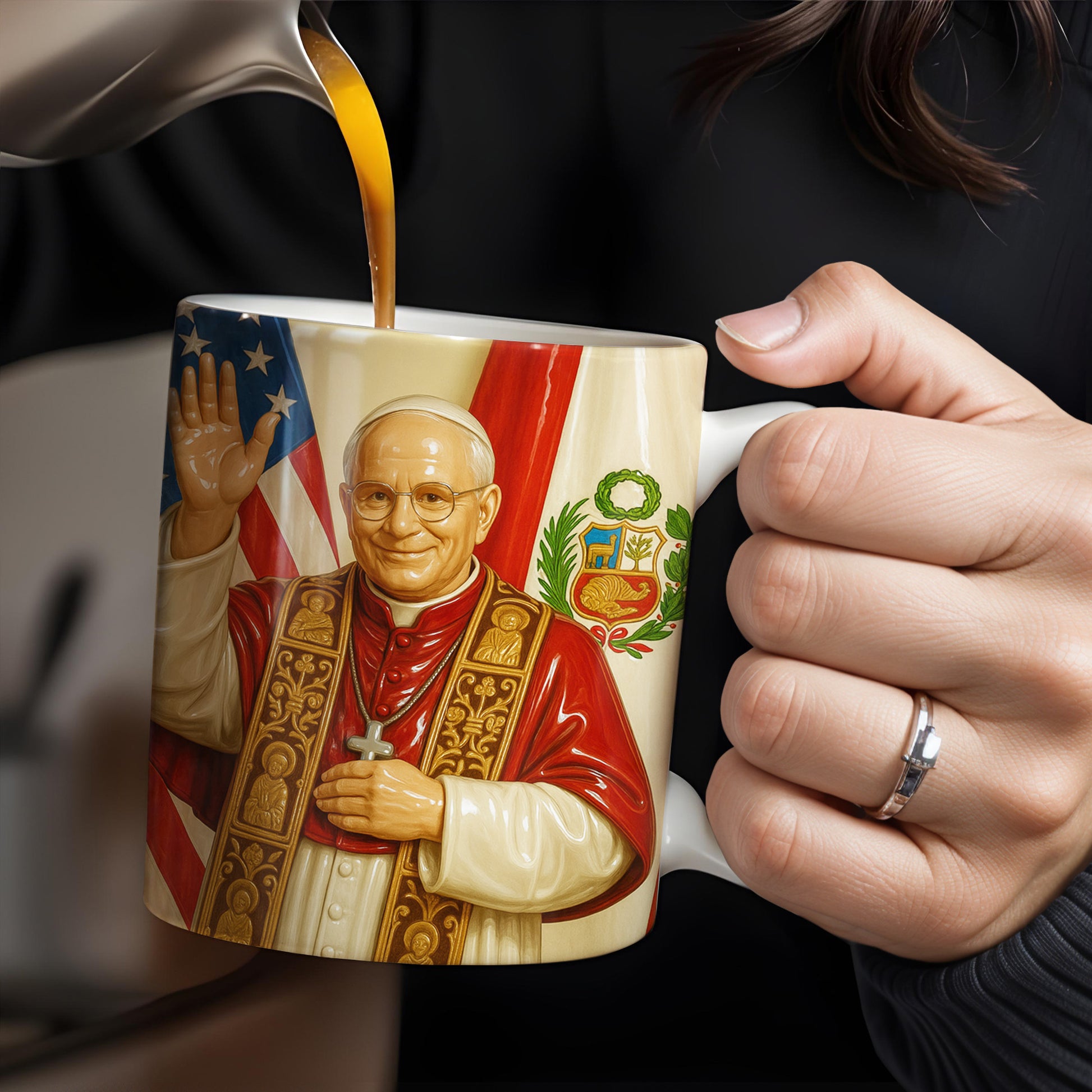 Personalized Coffee Mug With Religious Iconography And Flags