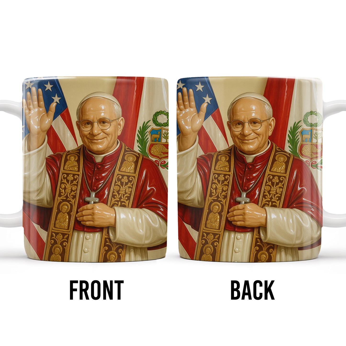 Personalized Coffee Mug With Religious Iconography And Flags
