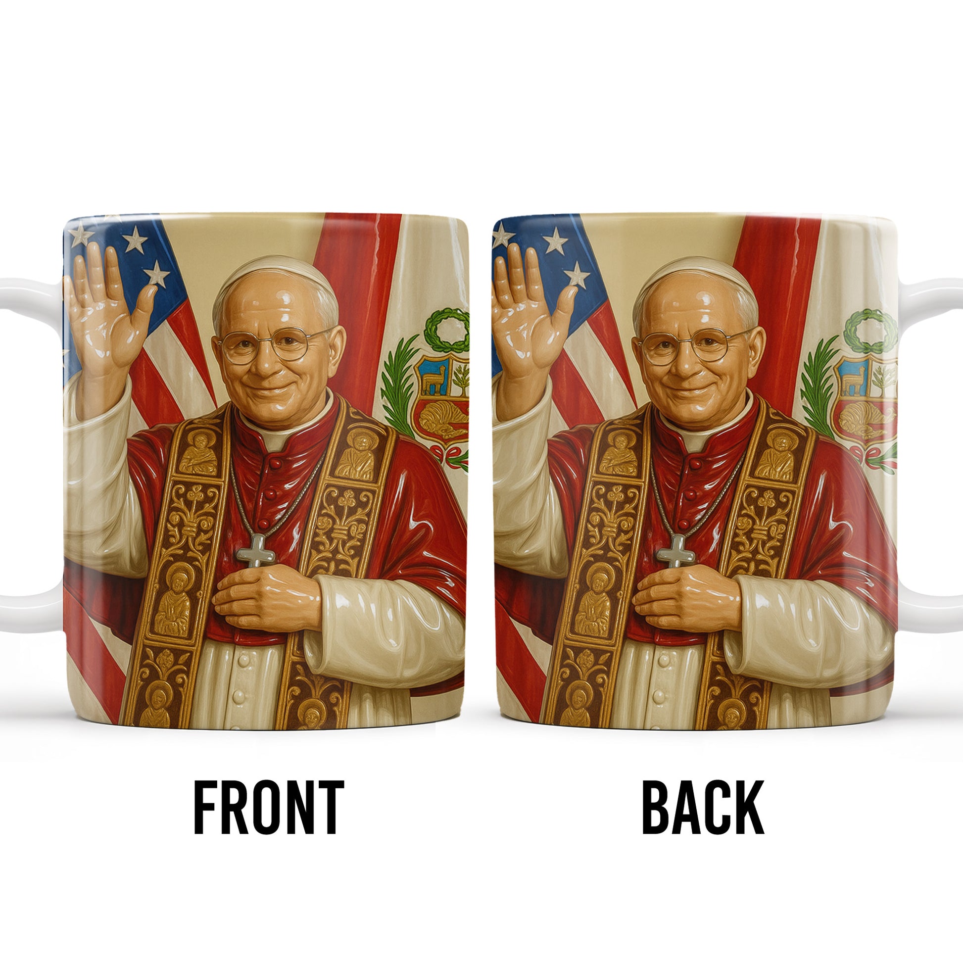 Personalized Coffee Mug With Religious Iconography And Flags