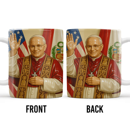 Personalized Coffee Mug With Religious Iconography And Flags