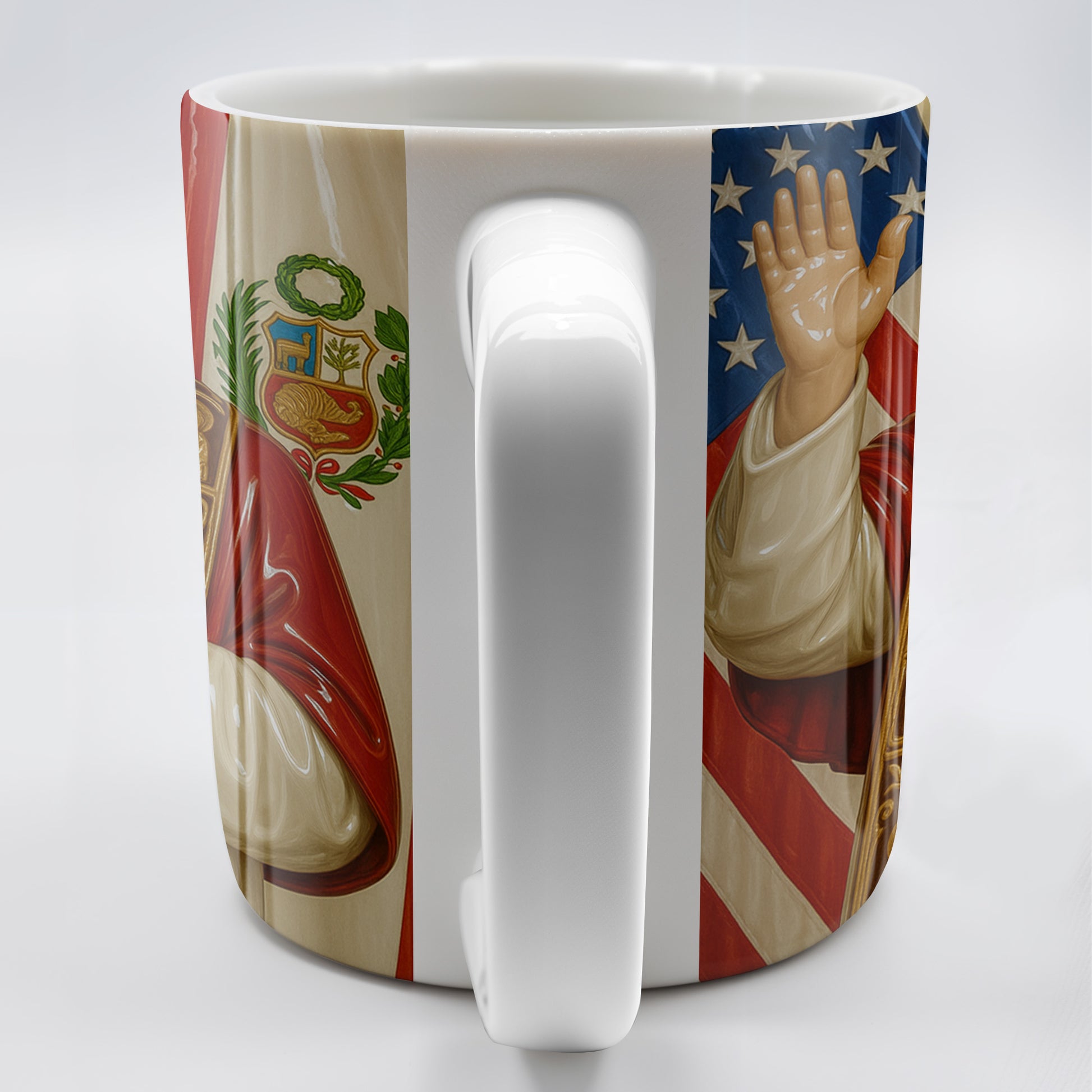 Personalized Coffee Mug With Religious Iconography And Flags