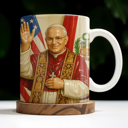 Personalized Coffee Mug With Religious Iconography And Flags