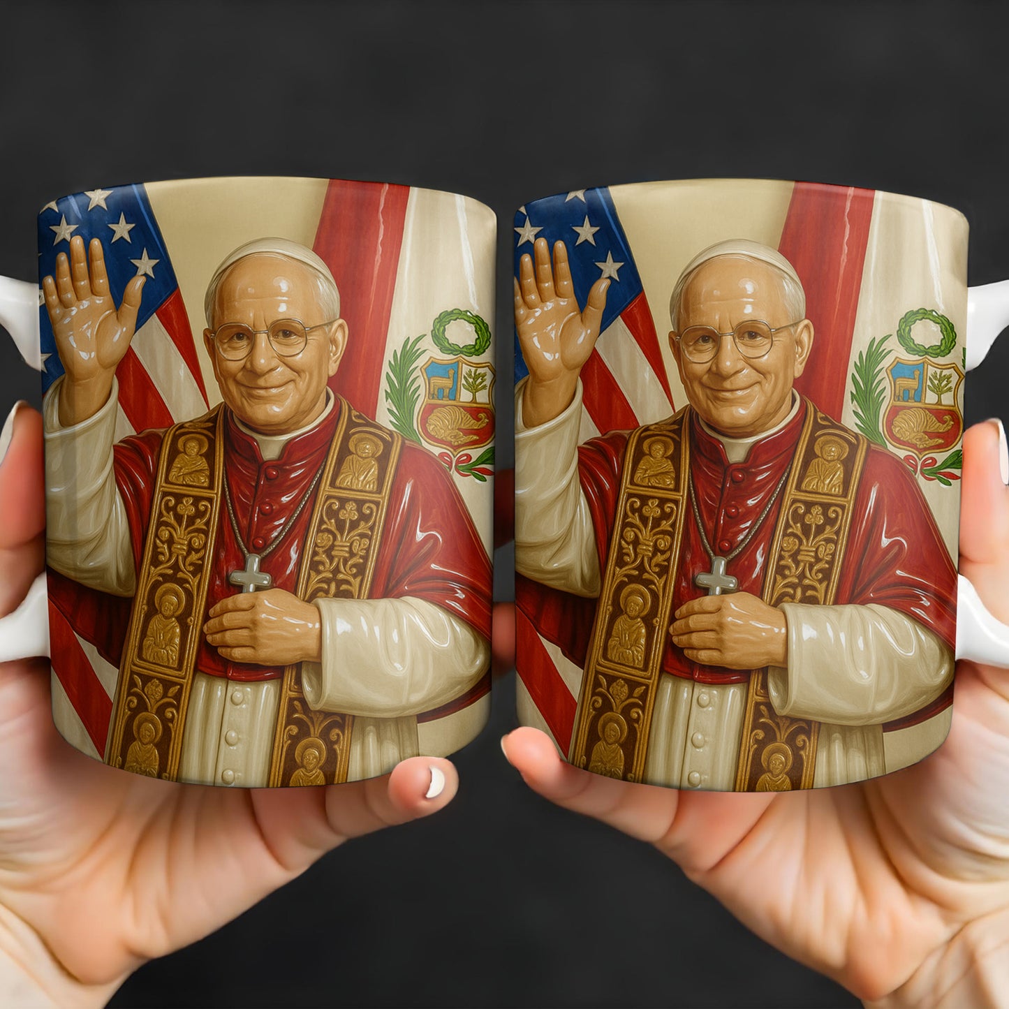 Personalized Coffee Mug With Religious Iconography And Flags