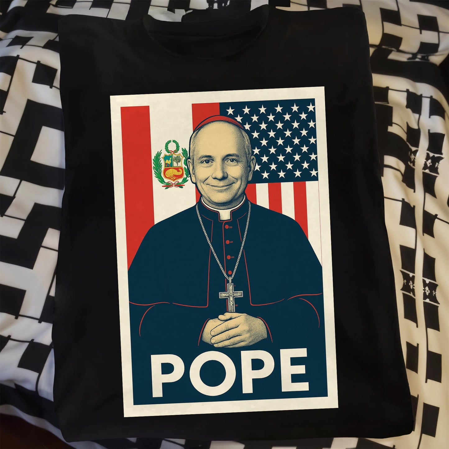 Pope, Religious Icon With American And Peruvian Flags
