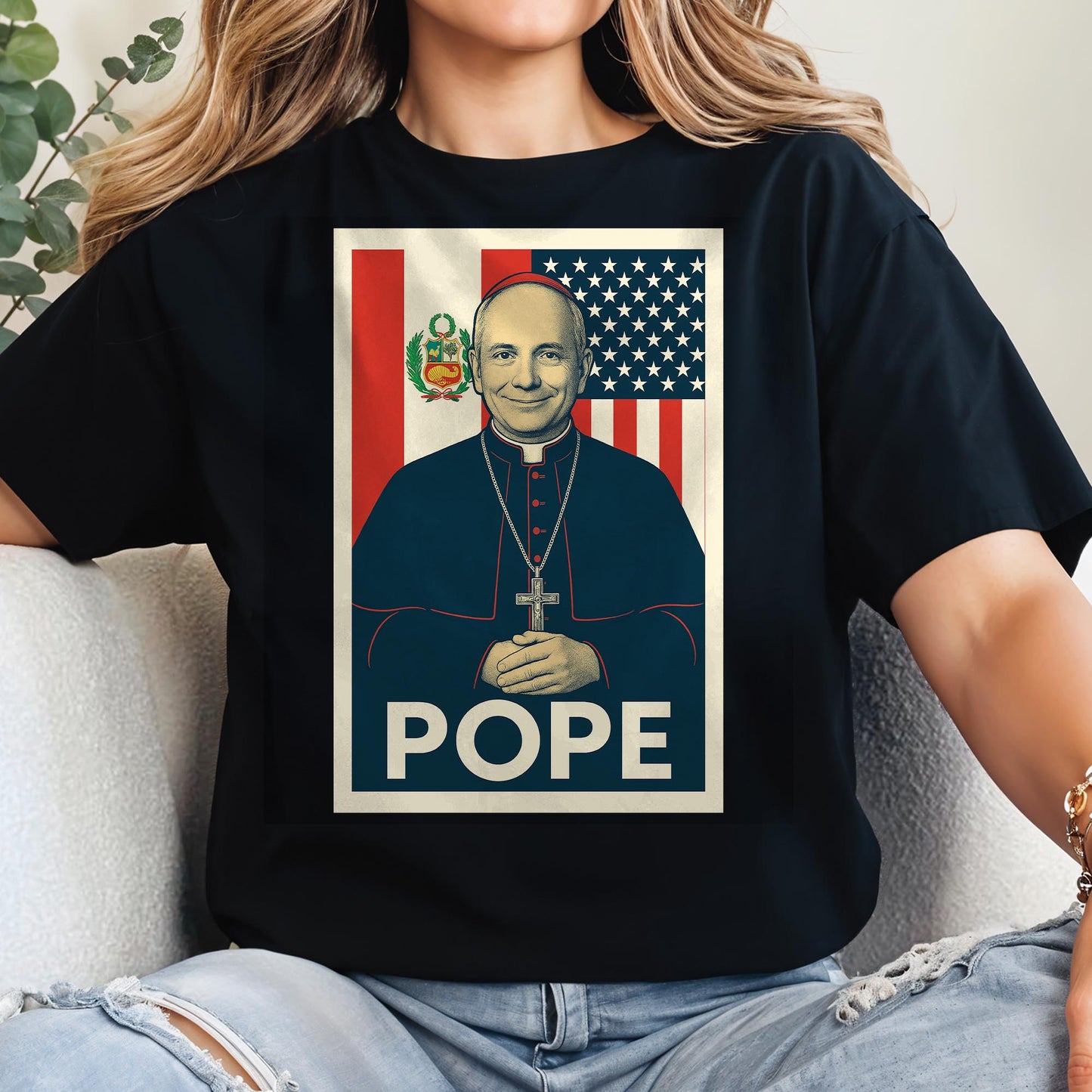 Pope, Religious Icon With American And Peruvian Flags