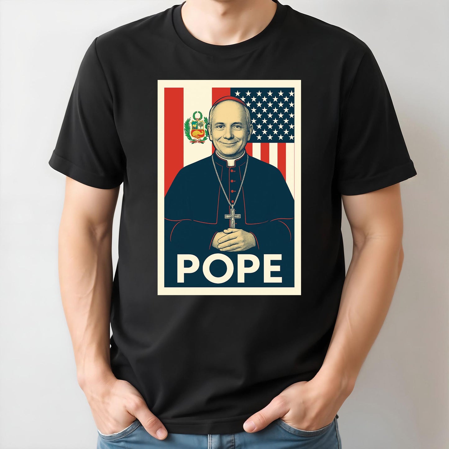 Pope, Religious Icon With American And Peruvian Flags