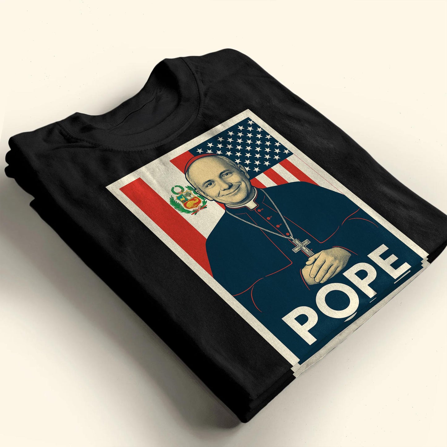 Pope, Religious Icon With American And Peruvian Flags