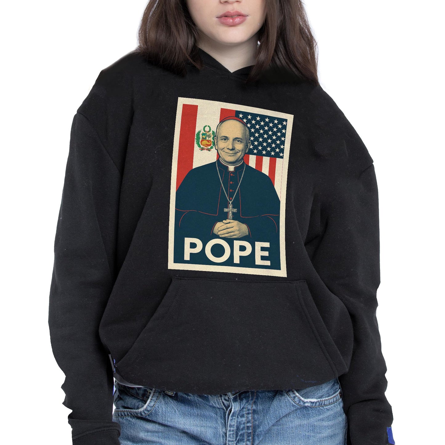 Pope, Religious Icon With American And Peruvian Flags