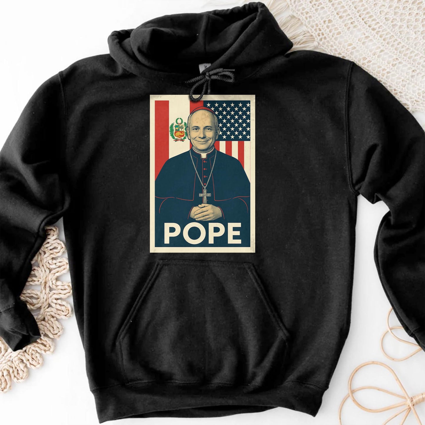 Pope, Religious Icon With American And Peruvian Flags