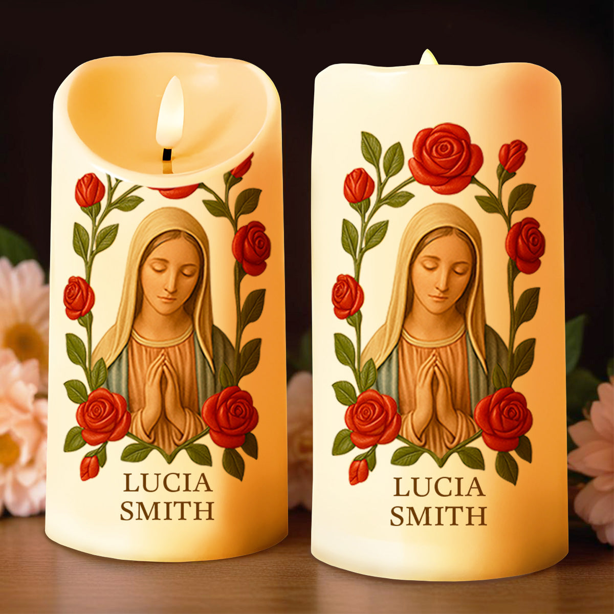 Customize This Beautiful Candle With Virgin Mary And Roses